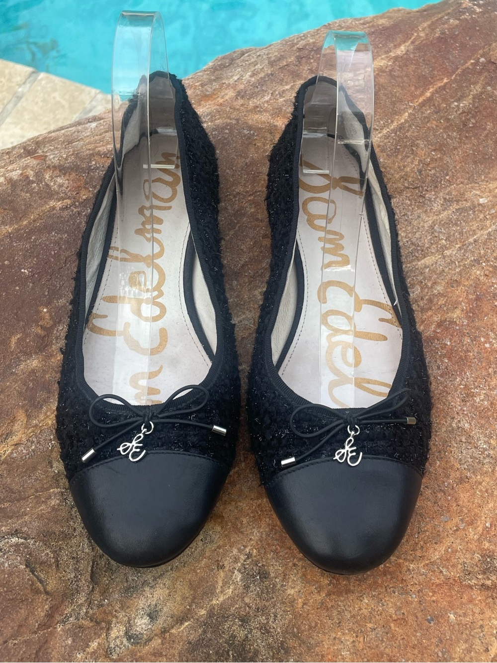 Sam Edelman “Sara” Black Cap Toe Tweed and Leather Ballet Flats